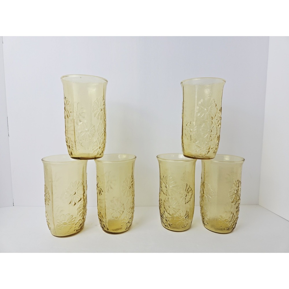 Vintage Anchor Hocking yellow glass set of 6‎ flower sunflower design 5"